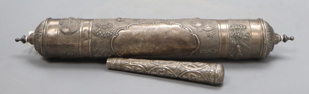 A 20th century Indian white metal scroll holder, 40.4cm and a white metal parasol handle, 16cm